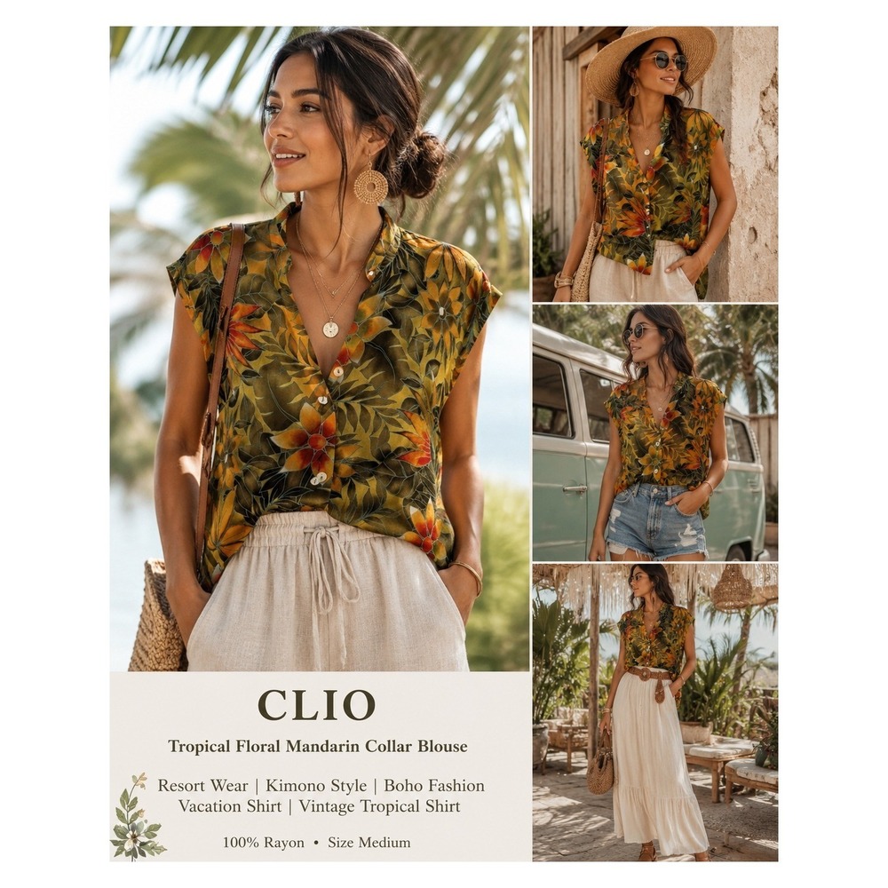 CLIO Women M Tropical Floral Rayon Mandarin Collar Kimono Sleeve Resort Blouse